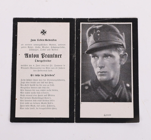 HEER DEATH CARD OF &ldquo;ANTON PRANTER / OBERGEFREITER&rdquo; KILLED ON D-DAY 6TH JUNE 1944 IN NORMANDY