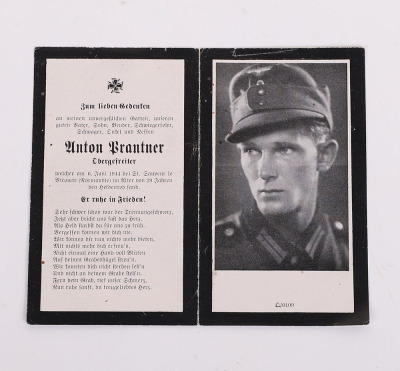 HEER DEATH CARD OF &ldquo;ANTON PRANTER / OBERGEFREITER&rdquo; KILLED ON D-DAY 6TH JUNE 1944 IN NORMANDY