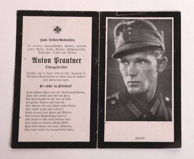 HEER DEATH CARD OF &ldquo;ANTON PRANTER / OBERGEFREITER&rdquo; KILLED ON D-DAY 6TH JUNE 1944 IN NORMANDY - 2