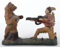 J.E Stevens Indian Shooting Bear cast iron mechanical Bank,