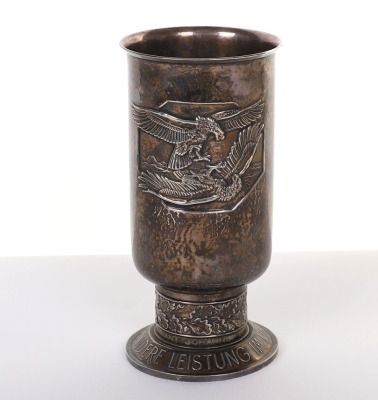 WW2 GERMAN LUFTWAFFE HONOUR GOBLET (EHRENPOKAL) AWARDED TO OBERLEUTNANT JOHANNES BERGFLETH WHO WAS KILLED IN ACTION MAY 27TH 1942, WHEN HIS Bf-110 FIGHTER BOMBER WAS SHOT DOWN BY ANTI-AIRCRAFT FIRE OVER TOBRUK, NORTH AFRICA