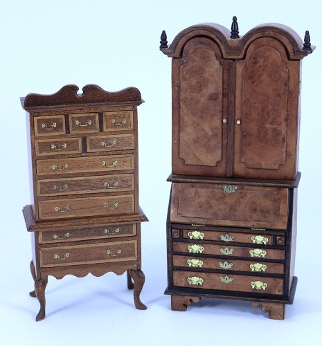 Fine wooden 1/12th scale Dolls House Bureau Cabinet and Tall Boy, signed RJS 1998 and 1997,