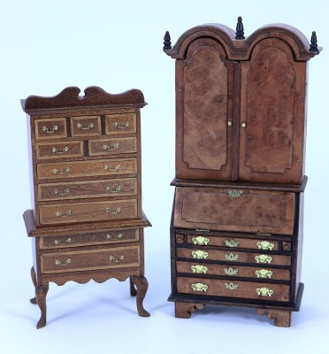 Fine wooden 1/12th scale Dolls House Bureau Cabinet and Tall Boy, signed RJS 1998 and 1997,