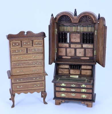 Fine wooden 1/12th scale Dolls House Bureau Cabinet and Tall Boy, signed RJS 1998 and 1997, - 2