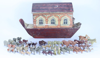 A painted wooden Erzgebirge Noah’s Ark and animals, German 1880s,