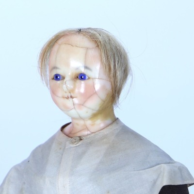 Rare wax over composition shoulder head wax doll in original Quaker style clothing, English 1843, - 2