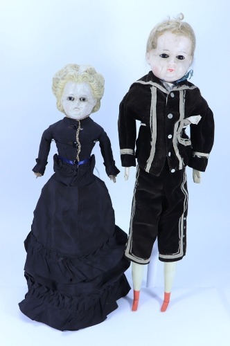 &lsquo;Dick & Hanah&rsquo; a pair of Early wax over composition shoulder head dolls, German circa 1860,