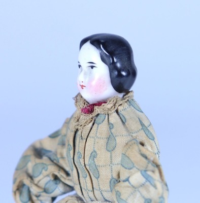 Early glazed china shoulder head doll in original clothes, German circa 1850, - 2