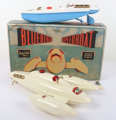 Two Sutcliffe tinplate clockwork model Bluebird Speedboats, 1950s