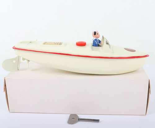 Rare Sutcliffe tinplate clockwork model Sooty’s Speedboat, circa 1960