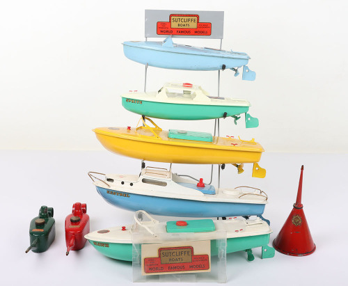 Sutcliffe original shop display stand and five boats, circa 1960s