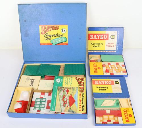 Collection of boxed unused Bayko construction sets