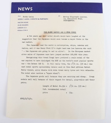 Corgi 394 Datsun 240Z East African Safari Winnerwith Scarce press release publicity letter - 3