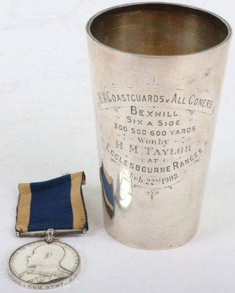 Edwardian Royal Navy Long Service Medal to the Coastguard Service with a Shooting Competition Trophy in the form of an Engraved Silver Beaker,