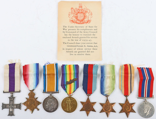 Great War Royal Army Medical Corps Military Cross Medal Group of Eight to a Lieutenant Colonel who was Killed in Action on the Hospital Ship H.M.H.S. Newfoundland When She Was Attacked and Sunk by the Luftwaffe off the Coast of Salerno in September 1943