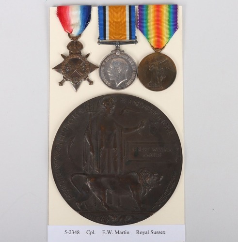 Great War November 1916 Casualty 1914-15 Star Medal Trio and Memorial Plaque to the 1/5th (Cinque Ports) Battalion Royal Sussex Regiment