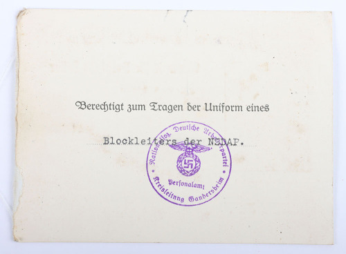 Third Reich NSDAP Party Membership Book to Heinrich Helmke, Blockleiter ...