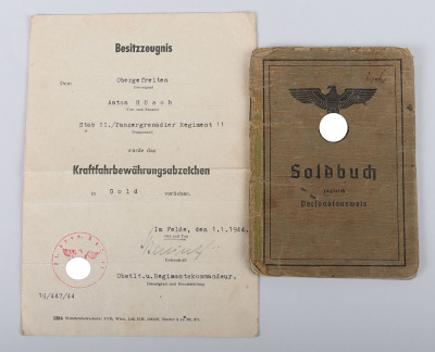 WW2 German Soldbuch to Obergefr. A. Hösch. Pz. Gren. Rgt. 11. MG Kompanie and Drivers Badge in Gold Award Document