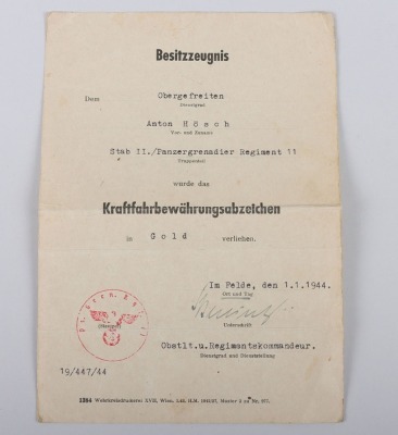 WW2 German Soldbuch to Obergefr. A. Hösch. Pz. Gren. Rgt. 11. MG Kompanie and Drivers Badge in Gold Award Document - 16