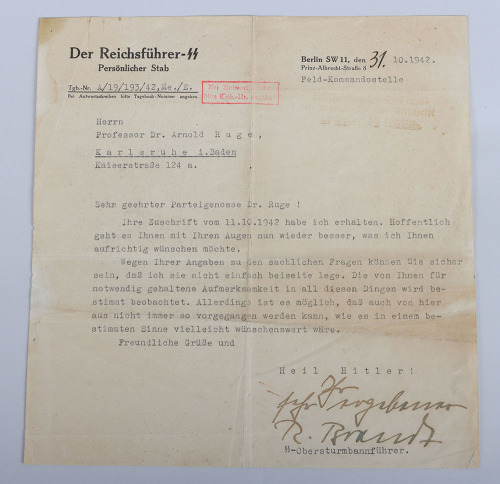 Rare 1942 Letter by SS-Obersturmbannführer Rudolf Brandt (Stab Reichsführer-SS) to Prof. Dr. Ruge 1942