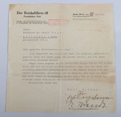 Rare 1942 Letter by SS-Obersturmbannführer Rudolf Brandt (Stab Reichsführer-SS) to Prof. Dr. Ruge 1942