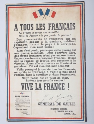 Rare WW2 Free French Charles De Gaulle Poster, France Has Lost a Battle! But France Has Not Lost the War!