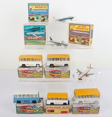 Eight Maxwell Toys India Airlines Passenger Coaches and Boeing 747 Aircraft