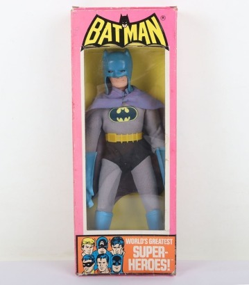 Vintage Mego DC Batman removable cowl 8 inch Action figure 1975 in original Pink box,