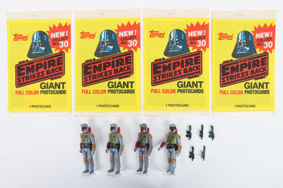 Four Vintage Star Wars loose Boba Fett action figures with weapons.