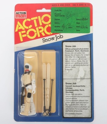 Very Scarce Vintage Action Force AF Snowjob Series 3 carded moc Action figure 1985 Palitoy with Green Test Sticker, Scandinavian Card.