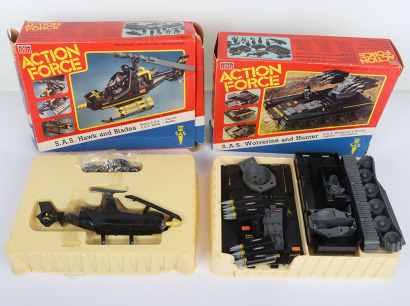 Two Vintage Action Force SAS action figure vehicles boxed Palitoy. SAS Hawk and Blades. Picture box. Sealed contents. And SAS Wolverine boxed missing the figure and parts Some box wear.