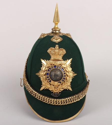 Royal Marine Light Infantry Officers 1878 pattern Green Cloth Helmet, with standard gilt mounts