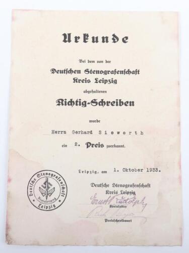 Third Reich Stenografenschaft Award Citation