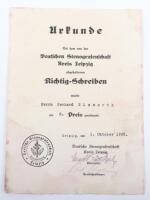 Third Reich Stenografenschaft Award Citation