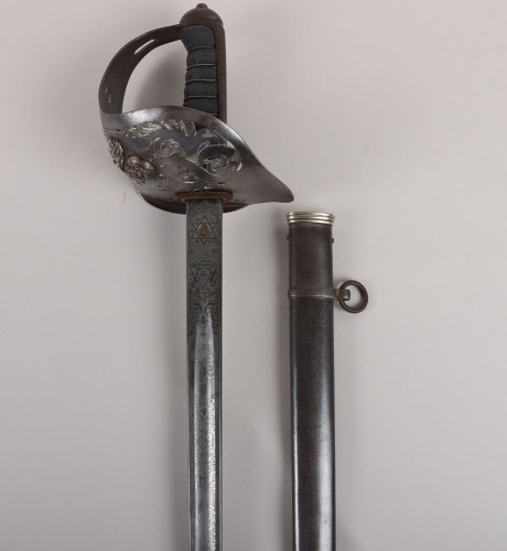 An 1897 pattern regimental pattern Infantry Officers sword of Brigadier-General James Foster Riddell, 3/5th Northumberland Fusiliers, KIA St. Julien 26th April 1915, by HENRY WILKINSON PALL MALL LONDON