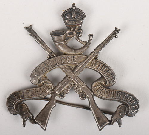 Cheltenham College Officers Training Corps, an ornate die-stamped silver coloured metal arm badge