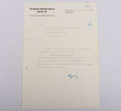 Rare Hand Signed Document from SS-Obergruppenfuhrer Reinhard Heydrich to Generalmajor der Polizei Heinrich Müller