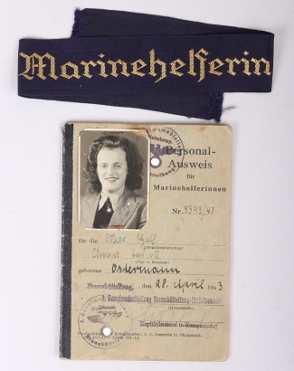 WW2 German Kriegsmarine (Navy) Helpers Pass to Anna Ostermann with Uniform Cuff Title Marinehelferin