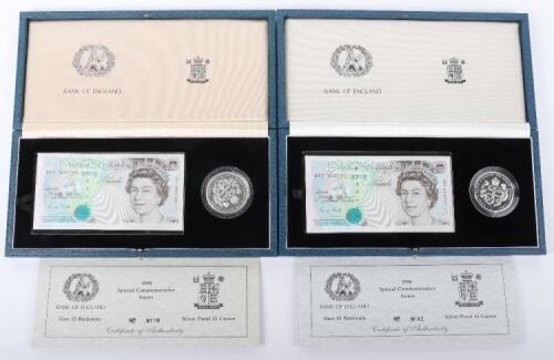 Two 1990 Royal Mint Silver Proof £5 Crown set with ‘New’ £5 banknote