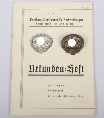 Rare German Sports Association DSAV Heavy Athletic Sports Badge and Award Document Booklet to Uffz K. Walter, Inf. Rgt 78, Paderborn