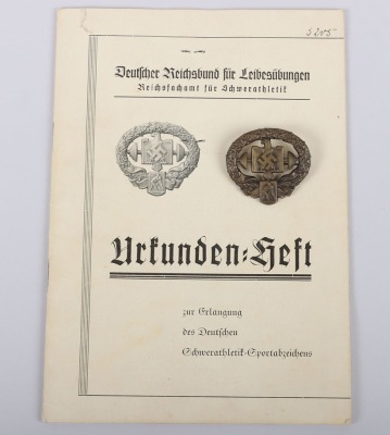 Rare German Sports Association DSAV Heavy Athletic Sports Badge and Award Document Booklet to Uffz K. Walter, Inf. Rgt 78, Paderborn - 2