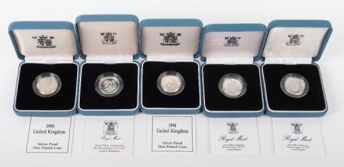 Five UK Silver Proof &pound;1 (one pound) coins