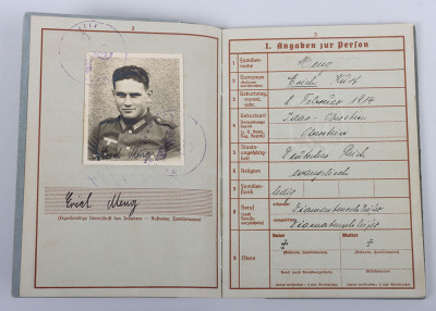 WW2 German Wehrpass to E. Meng, Pz. Jäger Abt 171, KIA in Pompey, France 18.6.1940 - 12