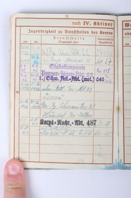 WW2 German Wehrpass to Schirrmeister Wilhelm Müller, Member of Nachrichten Abt 487, Pz. Abw. 22 - 3