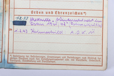 WW2 German Wehrpass to Schirrmeister Wilhelm Müller, Member of Nachrichten Abt 487, Pz. Abw. 22 - 6