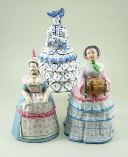 Three dressing table boxes, two bisque boxes Victorian Lady with large fur muff