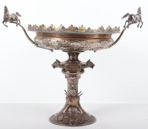 An impressive 19th century military silver tazza/centrepiece commemorating the 5th Royal Inniskilling Dragoon Guards, Edward Charles Brown (Richards & Brown), London 1869