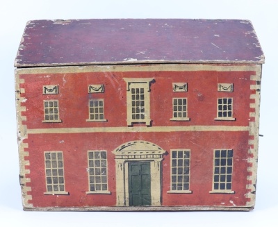 A small primitive painted wooden dolls house, English circa 1860,