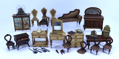 A collection of dolls house furniture, accessories and dolls, mostly German,