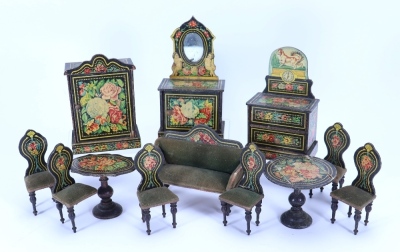 A suite of wooden paper lithographed dolls house furniture, German 1880s,